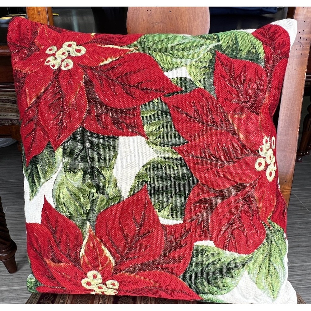 Poinsettia Tapestry Throw Pillow‎ Red Green Gold Christmas Holiday Flower 16x16
